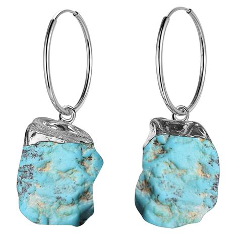 Natural Raw Gemstone Turquoise Rough Cut Hoop Earrings in 92.5 Sterlin ...