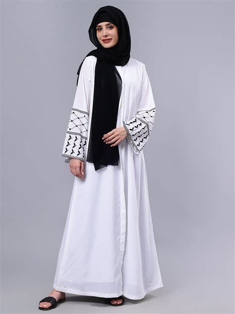 Nabia Front Open Kefiyyeh Embroidery White Abaya with Black Scarf