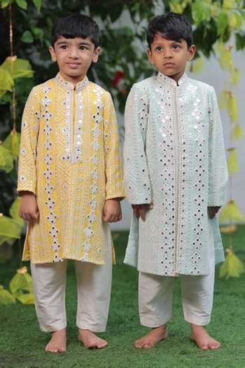 Buy Blue Georgette, , Satin Mirrors Embroidered Sherwani And Pant Set ...