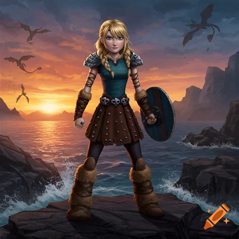 Astrid, a blonde female Viking warrior, stands on a cliff overlooking the sea at sunset with ...