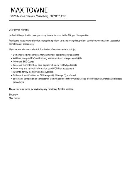 RN, Per Diem Cover Letter | Velvet Jobs