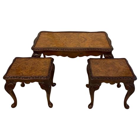 Unusual Antique Nest of 3 Quality Burr Walnut Tables For Sale at 1stDibs