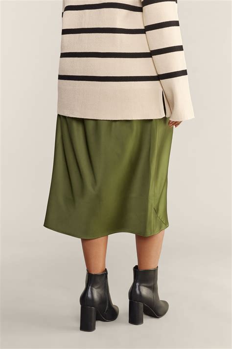 EVANS Plus Size Khaki Green Midi Satin Skirt | Evans