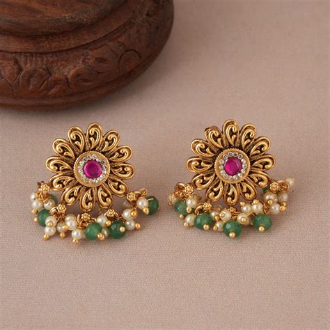 Amazing antique gold floral kundan stone drop earring I Free Cod ...