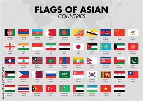 Asia Map Jointed With Country Flags All Asian Countries Flags Vector ...