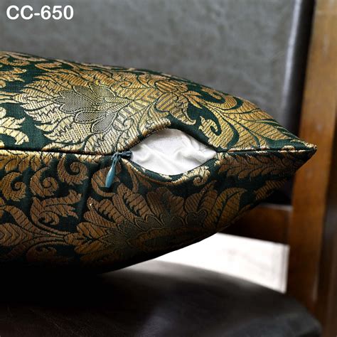 Green & Gold Brocade Pillow Cover: Indian Silk Floral Cushion ...