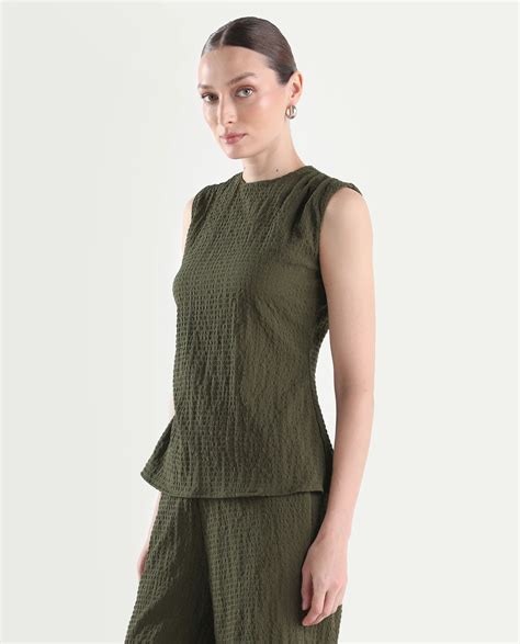 Rareism Women's Arrix-T Olive Polyester Sleeveless Regular Fit Plain T