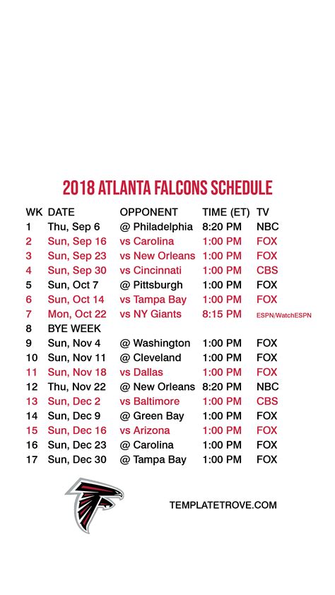2018-2019 Atlanta Falcons Lock Screen Schedule for iPhone 6-7-8 Plus