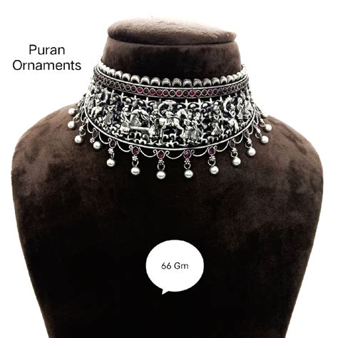 Buy quality Pure silver temple chokar necklace in antique polish in New ...