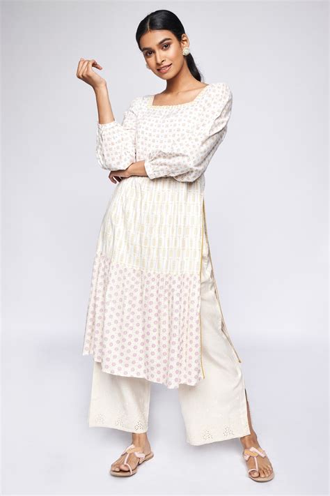 Buy Off White Geometric Fit and Flare Kurta Online at Best Price at ...