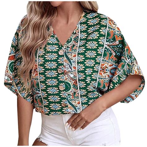 Womens V Neck 3/4 Sleeve Tops Bohemian Printed Mexican Peasant Blouses ...
