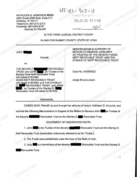 Utah Memorandum in Support of Motion to Remove Trustee of Revocable ...