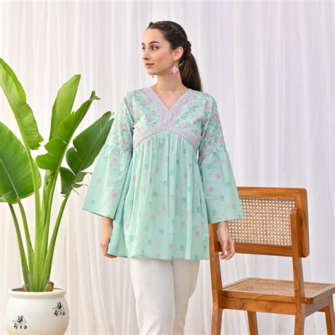 Buy Mint Sanganeri Print Tunic with Bell Sleeves | Rustorange