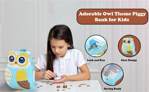 WISHKEY Cute & Colorful Owl Shaped Metal Piggy Bank with Secure Lock ...