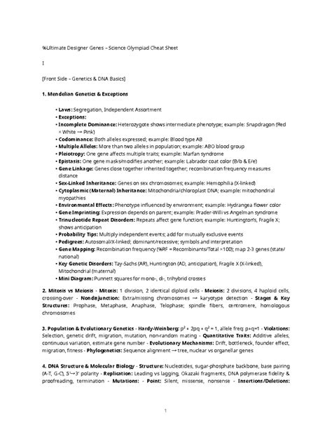 Designer Genes Science Olympiad Cheat Sheet I: Genetics Overview - Studocu