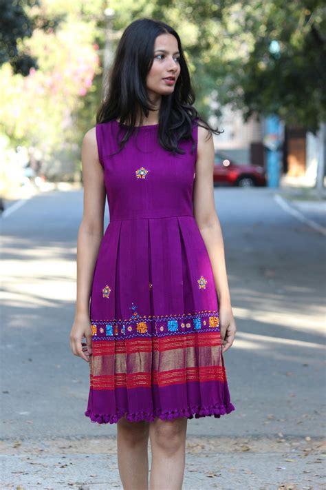 Handwoven and Hand Embroidered Purple Wool Dress - Mogra Designs