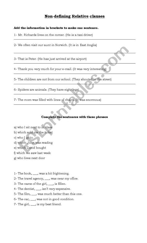Defining and Non Defining Relative Clauses Worksheet 的图像结果
