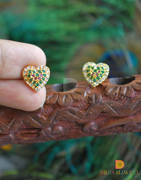 Gold tone white-ruby-emerald stone heart small earrings dj-37649 ...