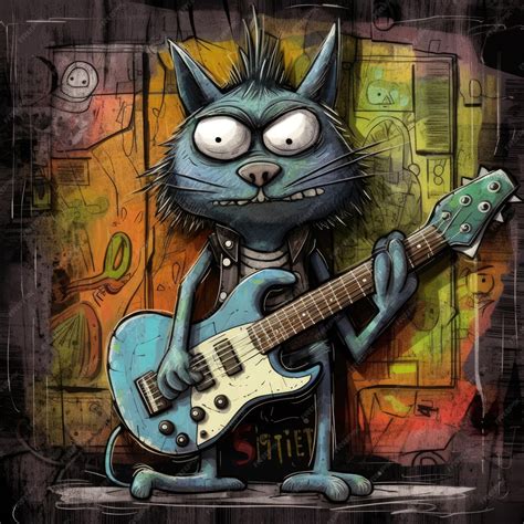 Premium AI Image | cat bass guitar cute monster emo cartoon character ...