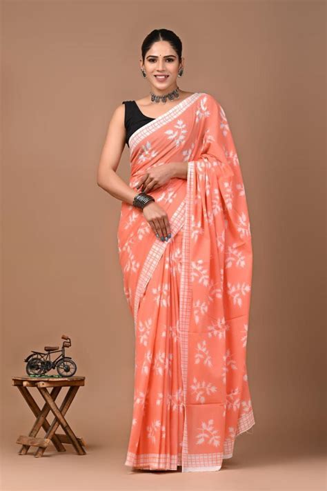 Pure Mulmul Cotton hand block Print Saree with Blouse – thecotlin