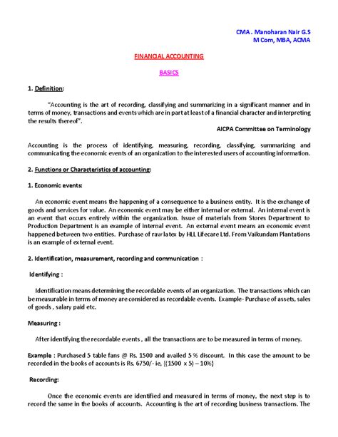 Financial Accounting - Basics - CMA. Manoharan Nair G M Com, MBA, ACMA ...
