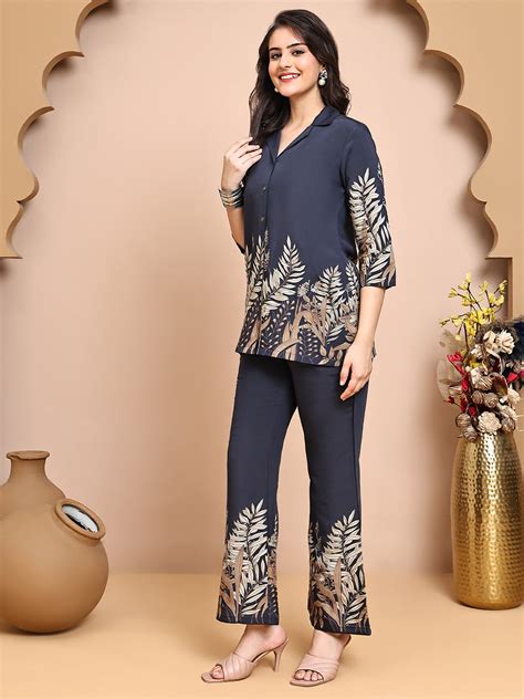 Co-Ord Set for Women - Grey Floral Printed | Claura