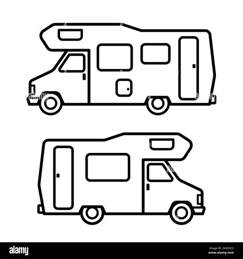 Vintage motorhome or camper van side view - retro vector icon set with bold black outlines on ...
