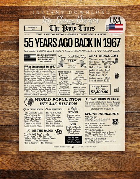1967 poster 55th birthday newspaper sign 1967 birthday poster instant ...
