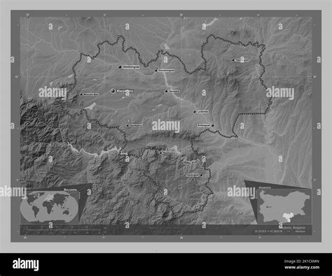 Haskovo, province of Bulgaria. Grayscale elevation map with lakes and rivers. Locations and ...