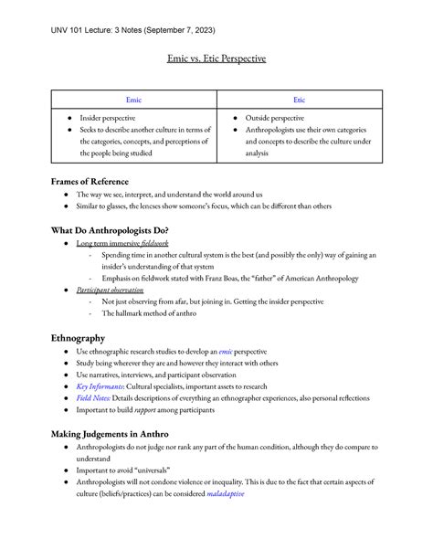 Emic vs Etic Perspective (Lecture 3 Notes September 7, 2023) - UNV 101 ...