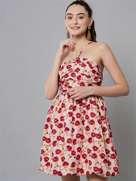 Emeros Nude Halter Neck with Stylized Back Puffed Women Printed Dress