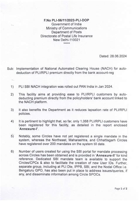 Implementation of auto-deduction of PLI/RPLI Premium directly from bank ...