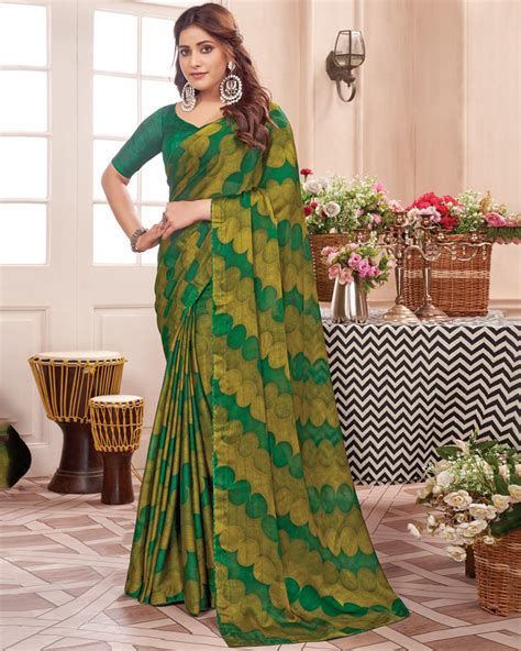 Vishal Prints Deep Sea Green Printed Fancy Chiffon Saree With Core Pip