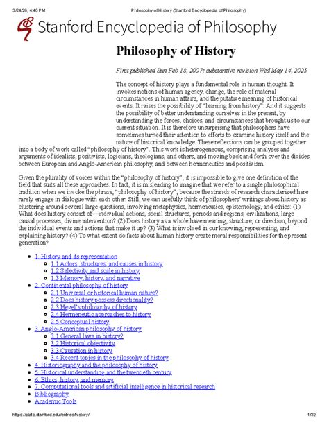 PHIL 4:40 PM Philosophy of History - Stanford Encyclopedia Overview ...