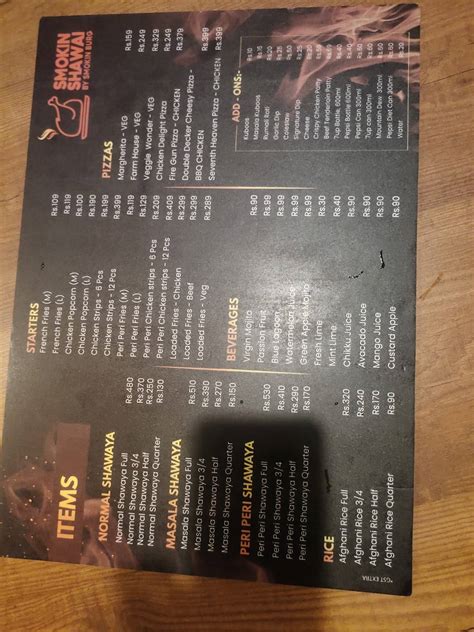 Menu at Smokin Shawai, Thrissur