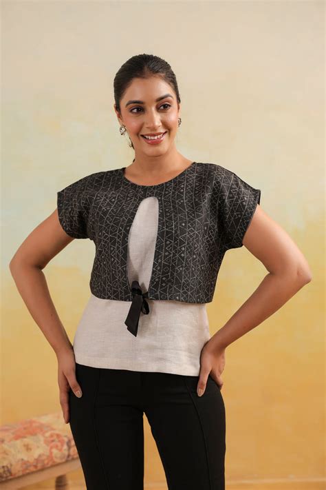 Linen Top With Printed Linen Tie Up Short Jacket – NEERJA INTERNATIONAL INC