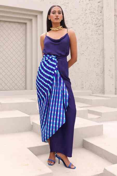 Buy Blue Modal, Cotton Satin Cowl Neck Lea Checkered Print Wrap Dress ...