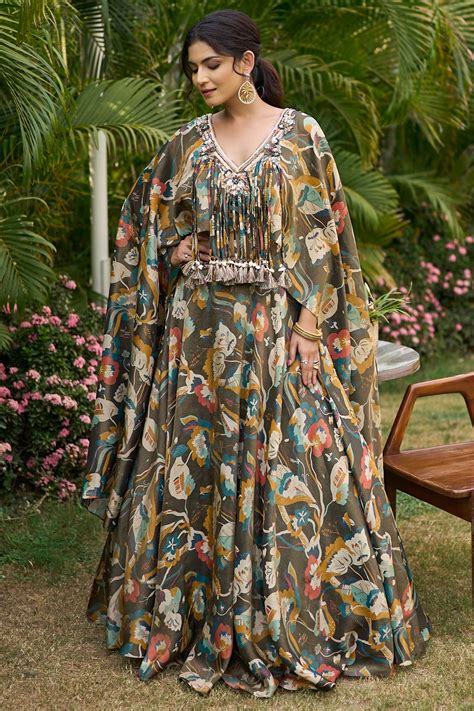 Olive Green Tissue Floral Printed Cape Sleeved Crop Top Lehenga Set ...