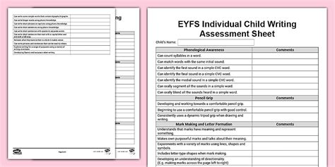 EYFS Individual Child Writing Assessment Sheet | Early Years
