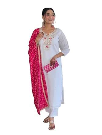 Buy Dhruvil Impex Women's White BSY Viscose Embroidered Straight Kurta ...