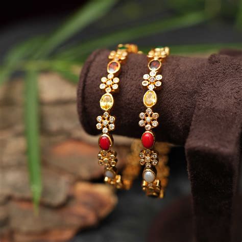 Mila 925 Silver Gold Plated Navaratna Bangle (Pair)