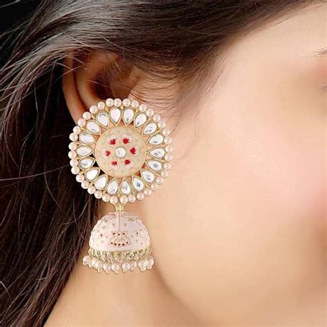 Etnico Gold Plated Traditional Meenakari Kundan & Pearl Jhumka Earring ...