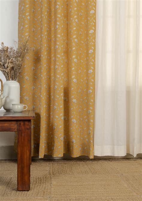 Eden floral cotton mustard with Solid cream sheer 100% cotton curtains