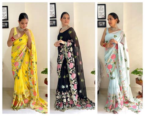 Pre-stitched saree-ready to wear saree-Bridesmaid Georgette sequence ...