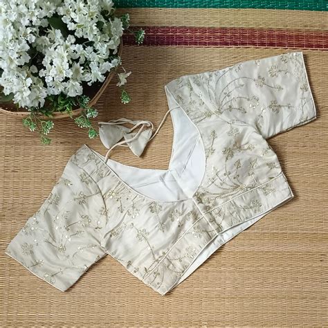 Light golden V neck tissue sequence blouse – www.swakalp.com