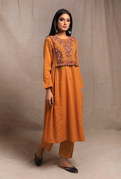 Buy Mustard Yellow Front Embriodered Banjara Side Gathered Kurta Online ...