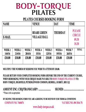 Fillable Online body-torque co PILATES COURSES BOOKING FORM NAME VENUE ...