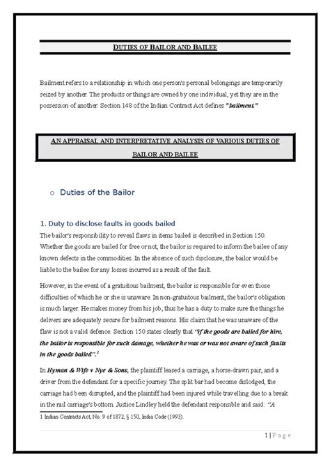 Check - DUTIES OF BAILOR AND BAILEE Bailment refers to a relationship ...