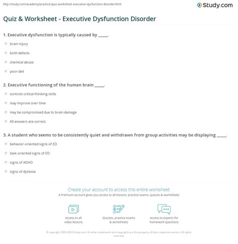 Quiz & Worksheet - Executive Dysfunction Disorder | Study.com