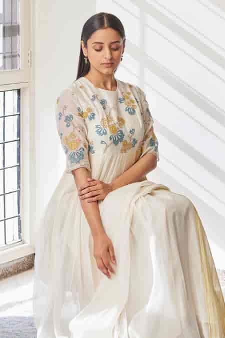 Buy Ivory Cotton, Muslin Embroidery Round Neck Yoke Anarkali With ...